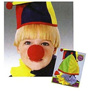 Set klauna s čepicí, gumovým nosem na gumičce a nákrčníkem.